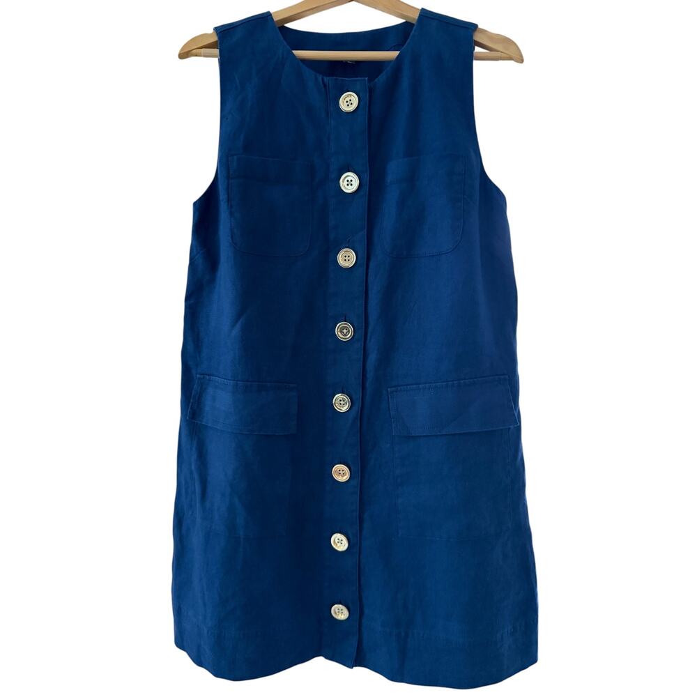 J.Crew Linen Button-Front Shift Dress Navy 4 Pockets Size Small